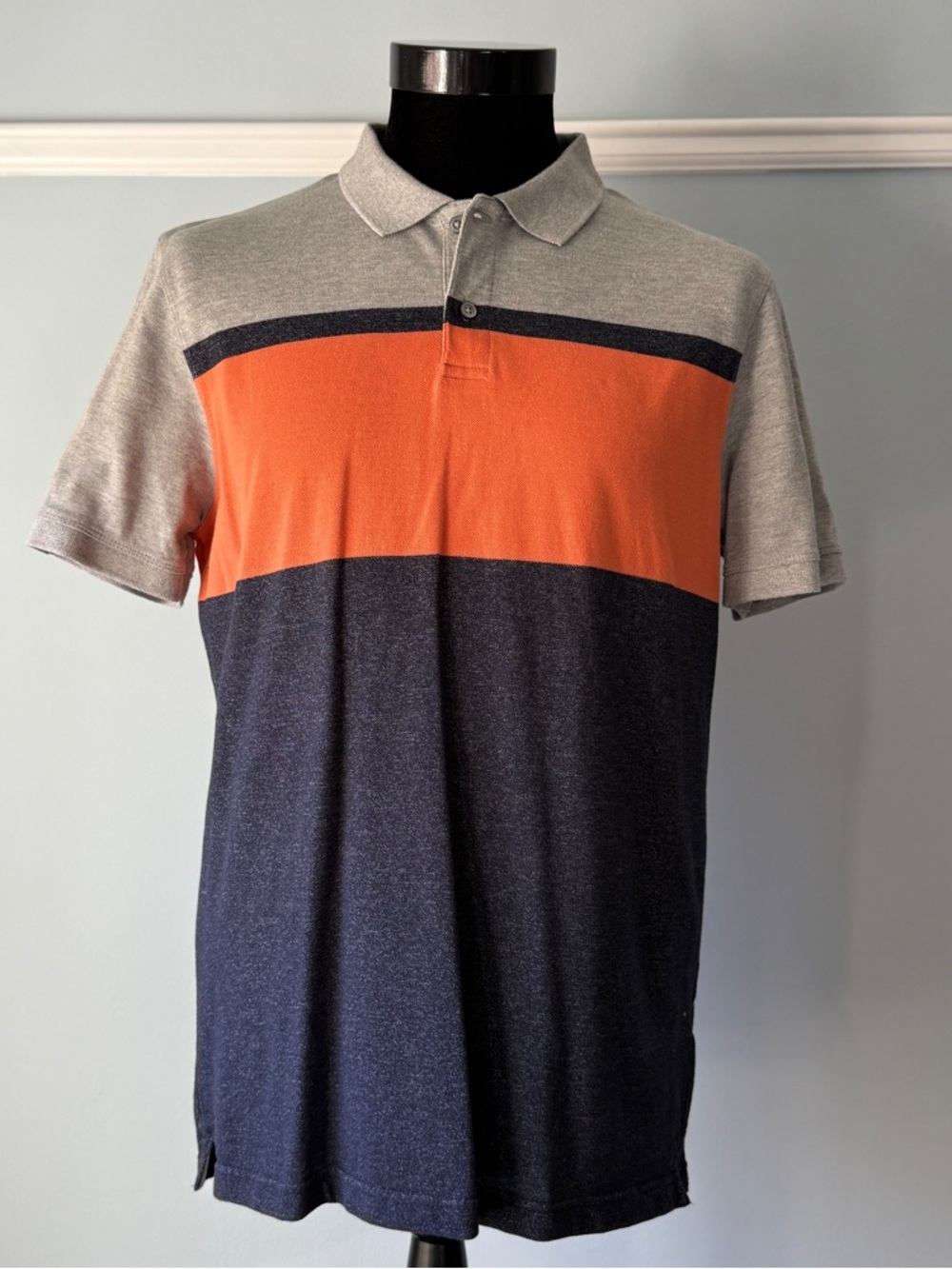 Banana Republic Navy, Gray and Coral Striped Polo